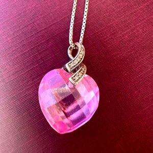 Silver - Quartz - Diamonds Heart Pendant Necklace
